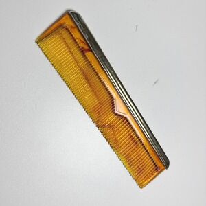 Vintage Faux Tortoise Shell‎ Pocket Comb Gold Tone Metal Trim Amber Brown 5 Inch
